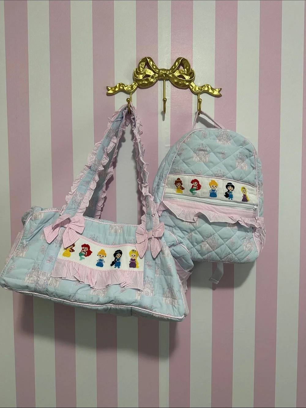 Kids Quilted smocked Princess Character Bag Set in Light Blue and Pink
